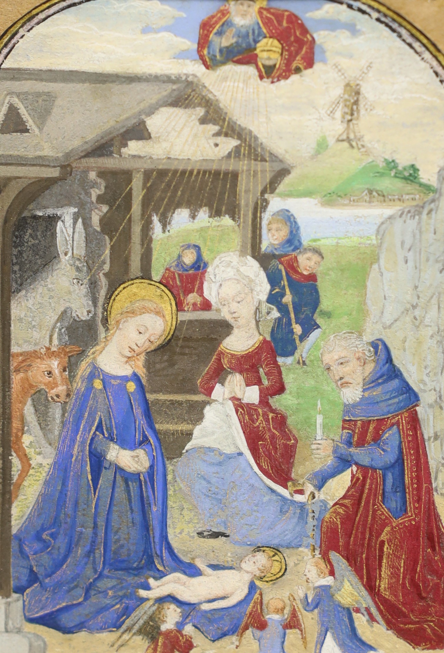19th century illumination, nativity scene with windmill, 8 x 5.5cm